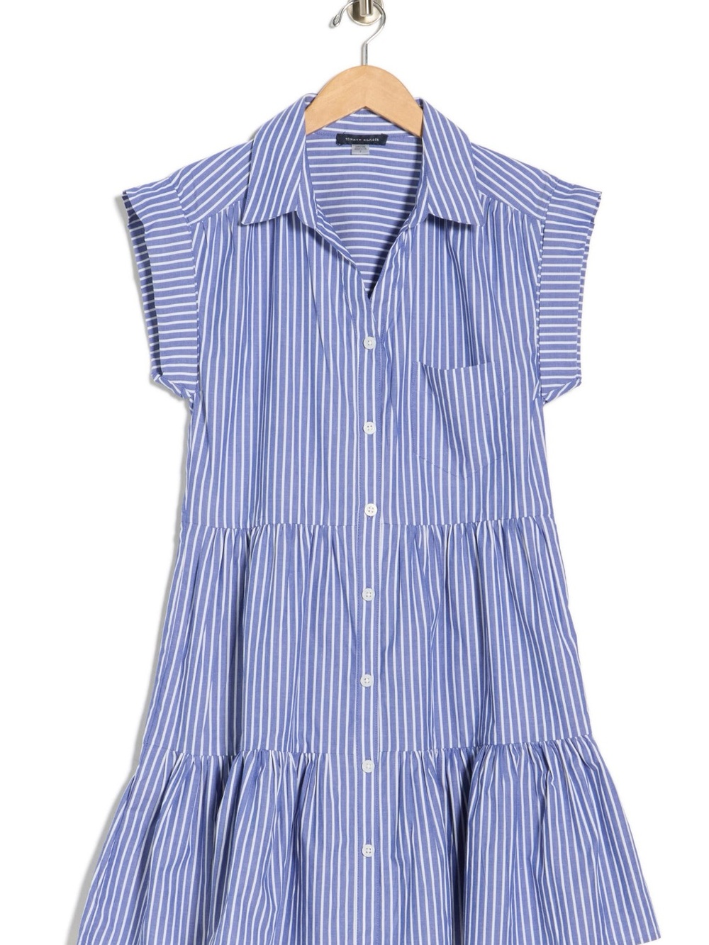 Tommy Hilfiger Blue and White Striped Button-Down Tiered Dress